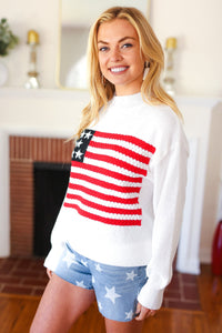 American Flag White Crochet Oversized Knit Sweater