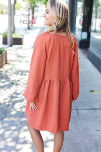 Beautiful You Woven Waffle V Neck Babydoll Dress in Rust