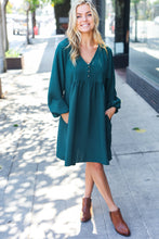 Load image into Gallery viewer, Beautiful You Woven Waffle V Neck Babydoll Dress in Hunter Green
