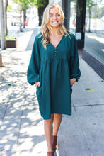 Load image into Gallery viewer, Beautiful You Woven Waffle V Neck Babydoll Dress in Hunter Green
