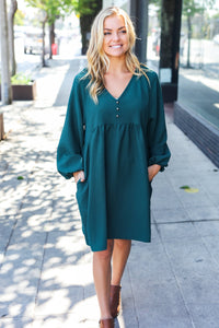 Beautiful You Woven Waffle V Neck Babydoll Dress in Hunter Green