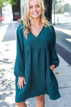 Load image into Gallery viewer, Beautiful You Woven Waffle V Neck Babydoll Dress in Hunter Green
