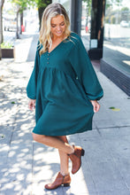 Load image into Gallery viewer, Beautiful You Woven Waffle V Neck Babydoll Dress in Hunter Green
