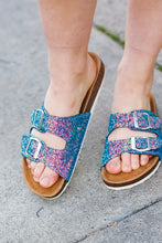 Load image into Gallery viewer, Cork Bed Buckle Slip-On Sandals in Teal Glitter

