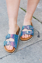 Load image into Gallery viewer, Cork Bed Buckle Slip-On Sandals in Teal Glitter
