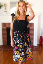 Load image into Gallery viewer, Give Your All Black Smocked Shoulder Tie Floral Print Dress
