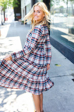 Load image into Gallery viewer, Feeling Joyful Taupe Plaid Notched Neck Tiered Dress
