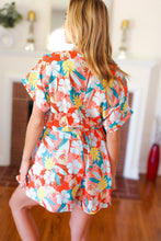 Load image into Gallery viewer, Tropical Trance Coral Tropical Floral Surplice Woven Romper
