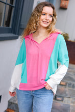 Load image into Gallery viewer, Stand Out Hot Pink &amp; Mint V Neck Collared Terry Color Block Top
