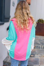 Load image into Gallery viewer, Stand Out Hot Pink &amp; Mint V Neck Collared Terry Color Block Top
