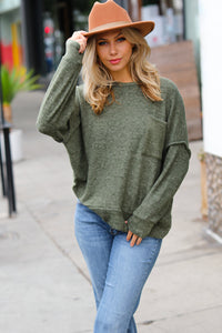 Stay Awhile Drop Shoulder Melange Sweater in Army Green