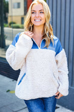 Load image into Gallery viewer, Good Vibes Denim &amp; Ivory Patchwork Sherpa Half Zip Pullover
