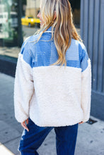 Load image into Gallery viewer, Good Vibes Denim &amp; Ivory Patchwork Sherpa Half Zip Pullover
