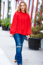 Load image into Gallery viewer, Be Merry Frill Mock Neck Crinkle Woven Top in Red
