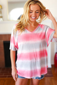 In The Clouds Pink & Grey Tie Dye Stripe Terry V Neck Top