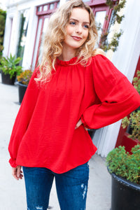 Be Merry Frill Mock Neck Crinkle Woven Top in Red