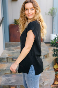 Best In Bold Dolman Ribbed Knit Sweater Top in Black