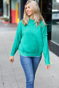 Chic Pursuits Chenille Raw Seam Mock Neck Sweater in Kelly Green
