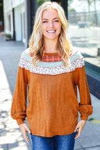 Load image into Gallery viewer, Rust Plaid &amp; Leopard Color Block Tone Hacci Pullover
