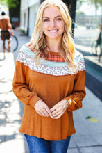 Load image into Gallery viewer, Rust Plaid &amp; Leopard Color Block Tone Hacci Pullover
