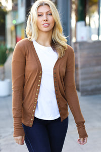 Day On The Town Snap Button Rib Detail Cardigan in Camel