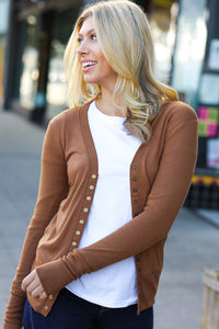 Day On The Town Snap Button Rib Detail Cardigan in Camel