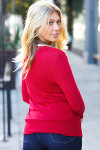 Day On The Town Snap Button Rib Cardigan in Red