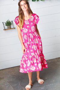 Floral Frenzy Elastic Waist Fit and Flare Ruffle Midi Dress