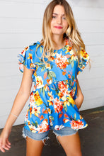 Load image into Gallery viewer, The Blue Hawaiian Floral Print Ruffle Sleeve Babydoll Top
