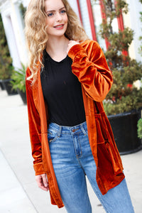 Comfy Glam Velvet Button Down Tunic Top in Rust
