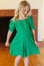 Load image into Gallery viewer, Adorable in Green Button Square Neck Ruche Back Dress
