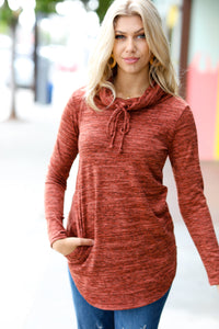 Be Your Best Marled Cowl Neck Pocketed Top in Rust