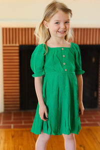 Adorable in Green Button Square Neck Ruche Back Dress