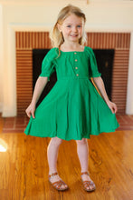 Load image into Gallery viewer, Adorable in Green Button Square Neck Ruche Back Dress
