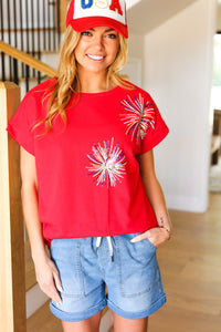 Light Me Up Sequin Firework Dolman Top in Red
