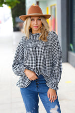 Load image into Gallery viewer, Adorable in Gingham Shirred Mock Neck Top in Black
