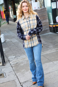 It's All Possible Navy & Beige Cotton Plaid Hi-Lo Shirt Top