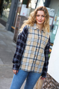 It's All Possible Navy & Beige Cotton Plaid Hi-Lo Shirt Top