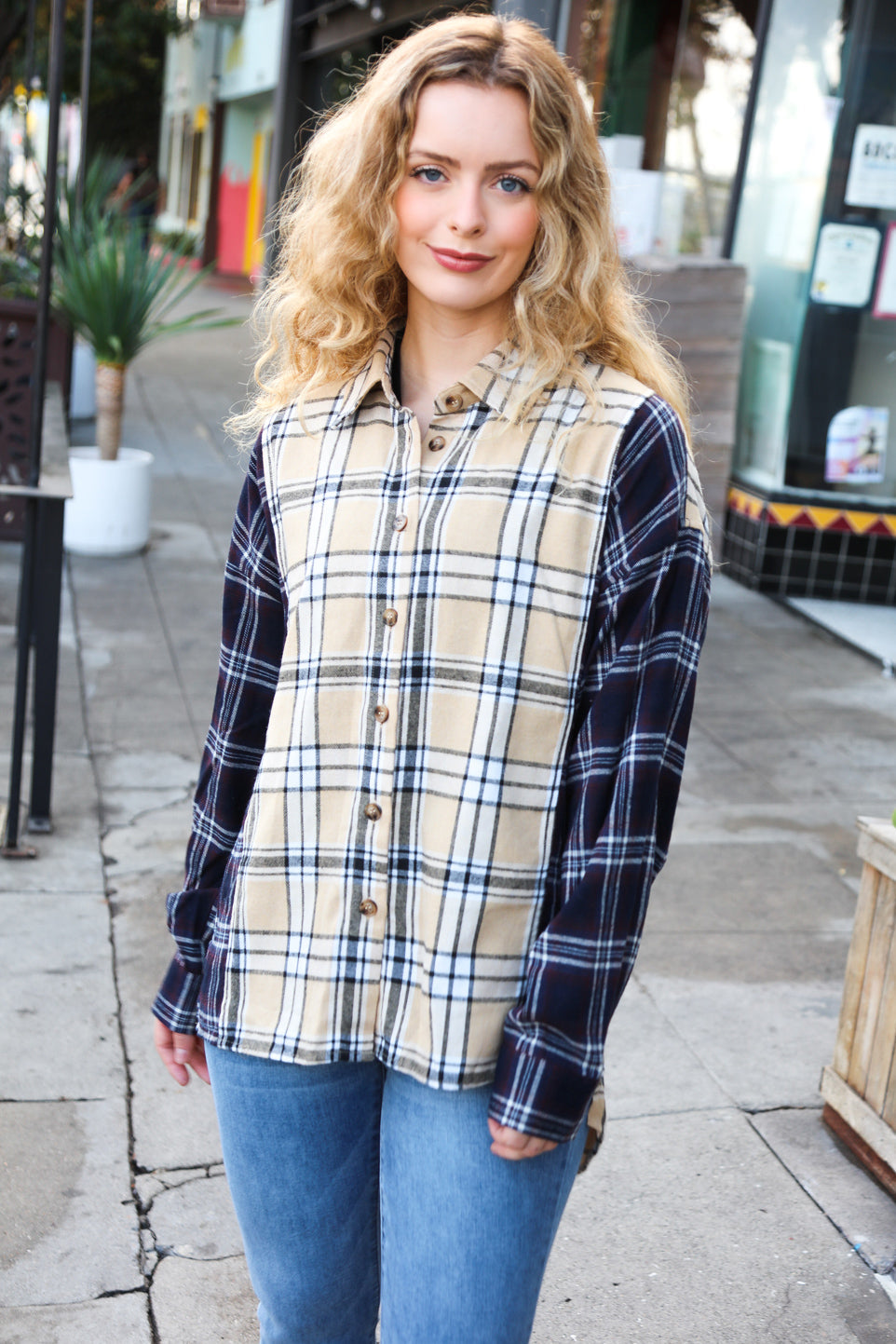 It's All Possible Navy & Beige Cotton Plaid Hi-Lo Shirt Top