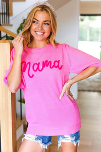 "Mama" Embroidery Puff Sleeve Sweater Top Pink