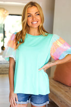 Load image into Gallery viewer, Stand Out Rainbow Sequin Puff Sleeve Top in Mint
