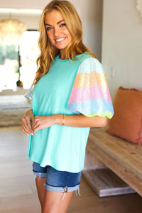 Stand Out Rainbow Sequin Puff Sleeve Top in Mint