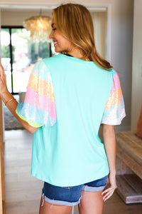 Stand Out Rainbow Sequin Puff Sleeve Top in Mint
