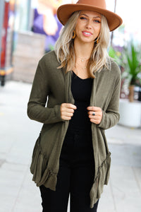 Face the Day Two-Tone Ruffle Cardigan in Olive Green