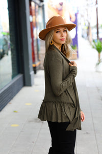 Face the Day Two-Tone Ruffle Cardigan in Olive Green