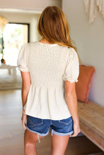 Load image into Gallery viewer, All For You Smocked Peplum Puff Sleeve Top in Taupe
