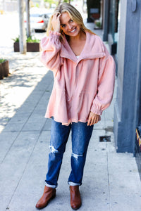 Beautiful You Cinched Waist Zip Up Fleece Jacket in Blush