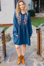 Load image into Gallery viewer, Just Imagine Navy Floral Embroidered Button Down Long Sleeve Dress
