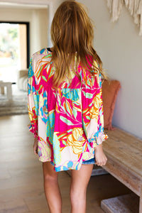 Say "Hello" To Spring Floral Print Ruffle Sleeve Top in Fuchsia