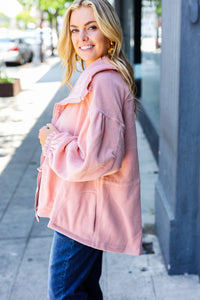 Beautiful You Cinched Waist Zip Up Fleece Jacket in Blush